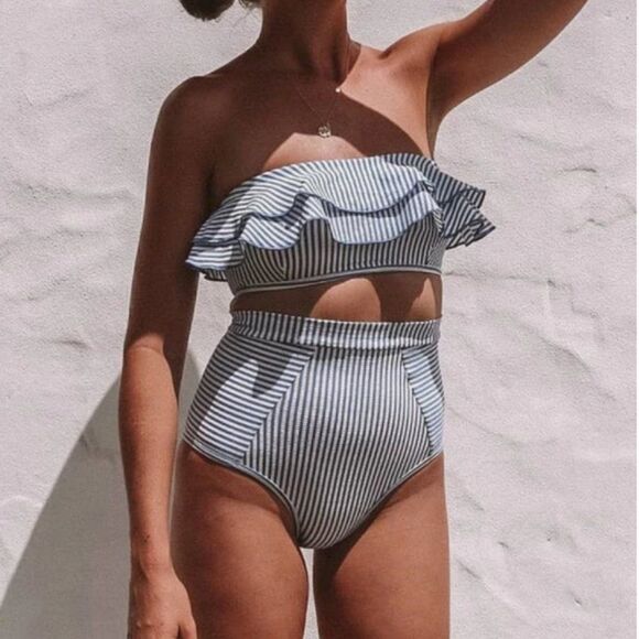 High Waisted Striped Bikini in White & Blue (M) - Picture 6 of 8